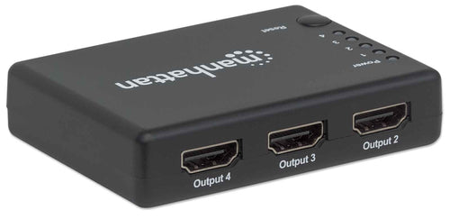 Manhattan HDMI Splitter 4-Port (Compact), 4K@30Hz, Displays output from x1 HDMI source to x4 HD displays (same output to four displays), AC Powered (cable 0.7m), Black, Three Year Warranty