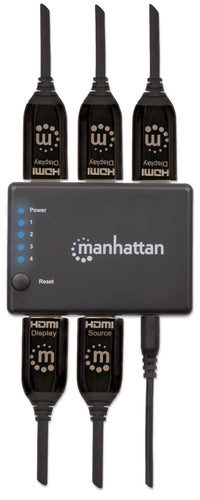 Manhattan HDMI Splitter 4-Port (Compact), 4K@30Hz, Displays output from x1 HDMI source to x4 HD displays (same output to four displays), AC Powered (cable 0.7m), Black, Three Year Warranty