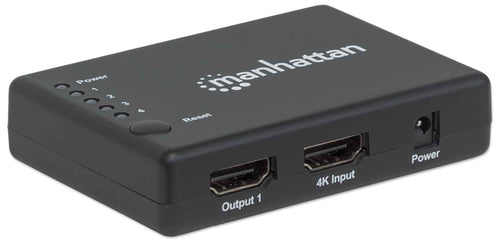 Manhattan HDMI Splitter 4-Port (Compact), 4K@30Hz, Displays output from x1 HDMI source to x4 HD displays (same output to four displays), AC Powered (cable 0.7m), Black, Three Year Warranty