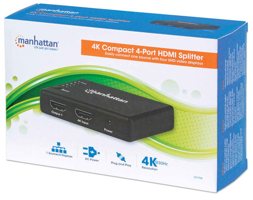 Manhattan HDMI Splitter 4-Port (Compact), 4K@30Hz, Displays output from x1 HDMI source to x4 HD displays (same output to four displays), AC Powered (cable 0.7m), Black, Three Year Warranty