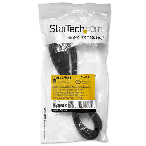 StarTech.com 6ft (2m) Computer Power Cord, Flat NEMA 5-15P to C13, 10A 125V, 18AWG, Black Replacement AC Power Cord, Printer Power Cord, PC Power Supply Cable, Monitor Power Cable - UL Listed