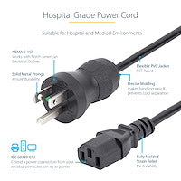 StarTech.com 15ft (4.5m) Hospital Grade Power Cord, 18AWG, NEMA 5-15P to C13, 10A 125V, Green Dot Medical Power Cable, PC Power Supply Power Cable, Printer / Monitor Power Cable - UL Listed