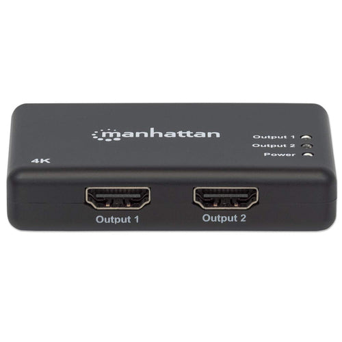 Manhattan HDMI Splitter 2-Port , 4K@30Hz, Displays output from x1 HDMI source to x2 HD displays (same output to both displays), AC Powered (cable 0.9m), Black, Three Year Warranty