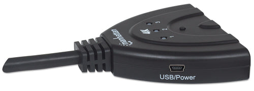 Manhattan HDMI Switch 3-Port, 4K@60Hz, Connects x3 HDMI sources to x1 display, Manual Switching (via button), Integrated Cable (58cm), No external power required, Black, Three Year Warranty