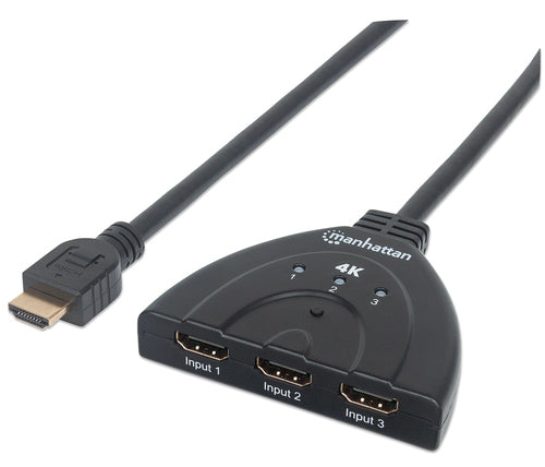 Manhattan HDMI Switch 3-Port, 4K@60Hz, Connects x3 HDMI sources to x1 display, Manual Switching (via button), Integrated Cable (58cm), No external power required, Black, Three Year Warranty
