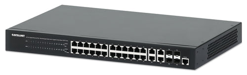 Intellinet 24-Port Gigabit Ethernet PoE+ Web-Managed Switch with 4 Gigabit Combo Base-T/SFP Ports, IEEE 802.3at/af Power over Ethernet (PoE+/PoE) Compliant, 370 W, Endspan, 19" Rackmount