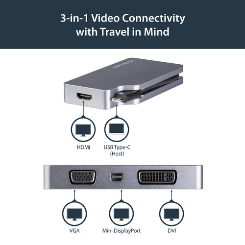 StarTech.com USB C Multiport Video Adapter with HDMI, VGA, Mini DisplayPort or DVI - USB Type C Monitor Adapter to HDMI 1.4 or mDP 1.2 (4K) - VGA or DVI (1080p) - Space Gray Aluminum