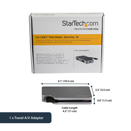 StarTech.com USB C Multiport Video Adapter with HDMI, VGA, Mini DisplayPort or DVI - USB Type C Monitor Adapter to HDMI 1.4 or mDP 1.2 (4K) - VGA or DVI (1080p) - Space Gray Aluminum