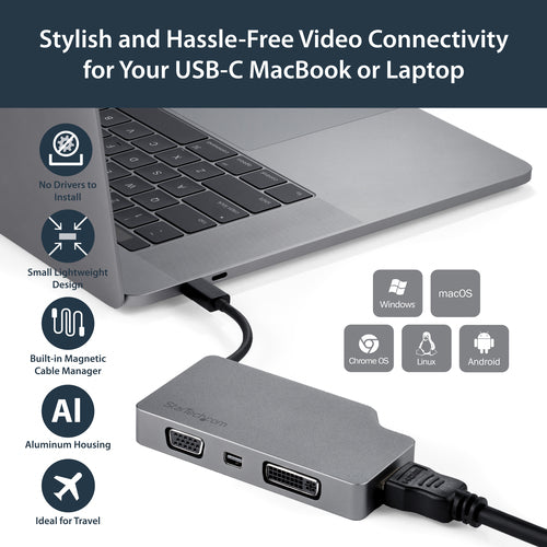 StarTech.com USB C Multiport Video Adapter with HDMI, VGA, Mini DisplayPort or DVI - USB Type C Monitor Adapter to HDMI 1.4 or mDP 1.2 (4K) - VGA or DVI (1080p) - Space Gray Aluminum