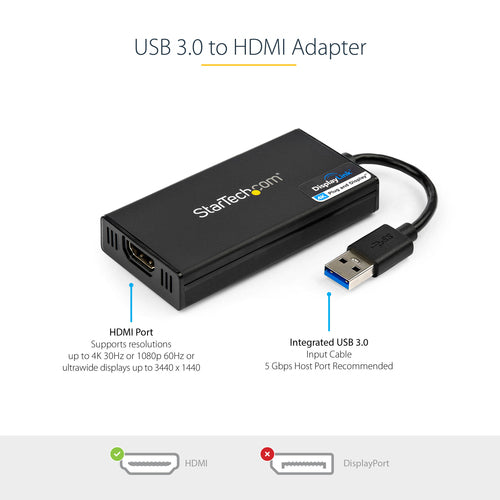 StarTech.com USB 3.0 to HDMI Adapter - 4K 30Hz Ultra HD - DisplayLink Certified - USB Type-A to HDMI Display Adapter Converter for Monitor - External Video & Graphics Card - Mac & Windows