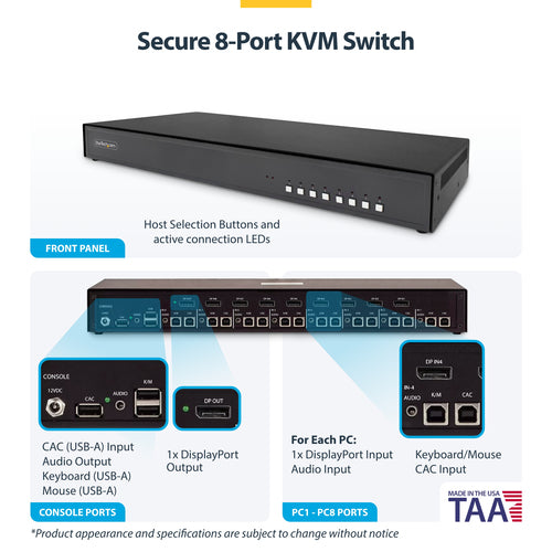 StarTech.com Secure 8-Port DisplayPort KVM Switch, 4K 30Hz, NIAP 4.0 Desktop KVM, Metal Housing, CAC Port, Made in the USA