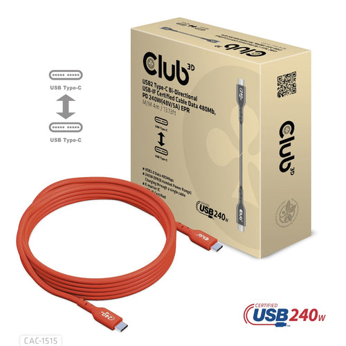 CLUB3D USB2 Type-C Bi-Directional USB-IF Certified Cable Data 480Mb, PD 240W(48V/5A) EPR M/M 4m / 13.13ft