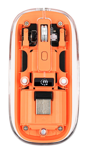 Manhattan Transparent Rechargeable Wireless Mouse, Clear/Orange, Adjustable 800/1200/1600dpi, With RGB LED light, 2.4Ghz (effective range up to 10m), USB, Optical, Ambidextrous, Four Button with Scroll Wheel, Slim Design, USB-A micro receiver, Lithium