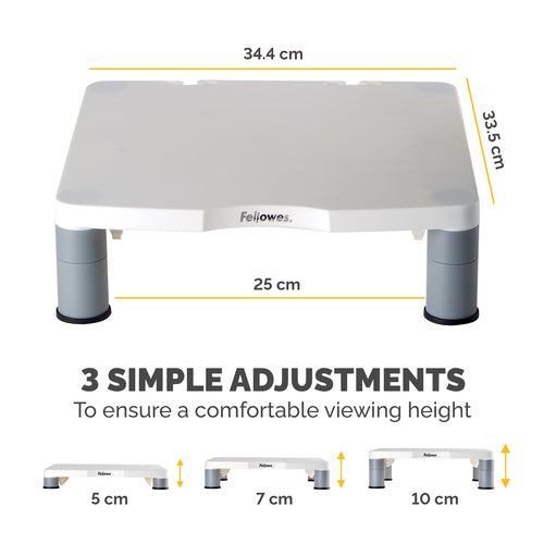 Fellowes Computer Monitor Stand with 3 Height Adjustments - Standard Monitor Riser with Cable Management - Ergonomic Adjustable Monitor Stand for Computers - Max Weight 27KG/Max Size 21" - Platinum