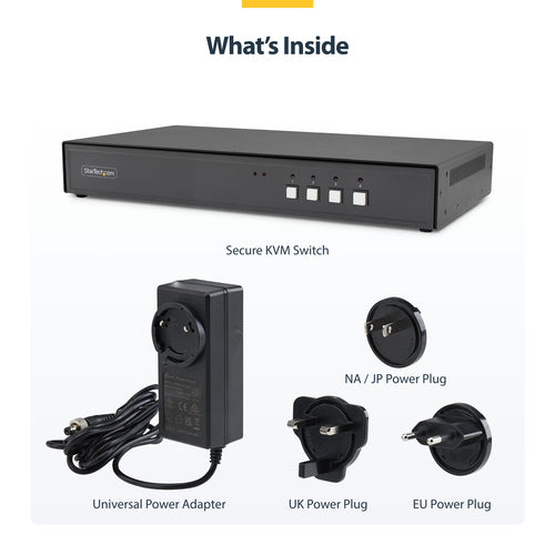 StarTech.com Secure 4-Port KVM Switch, DisplayPort, 4K 30Hz, NIAP 4.0 Desktop KVM, Metal Housing, Made in the USA
