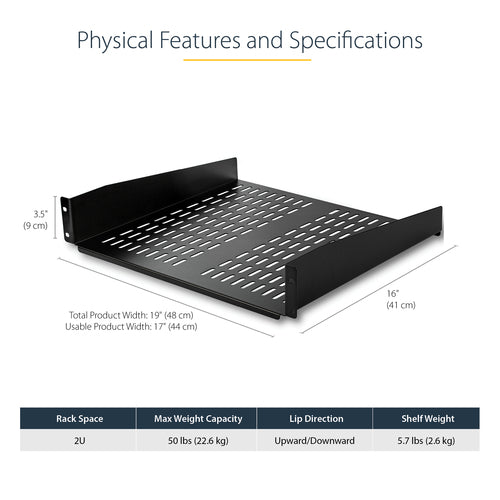 StarTech.com 2U Server Rack Shelf - Universal Vented Rack Mount Cantilever Tray for 19" Network Equipment Rack & Cabinet - Heavy Duty Steel - Weight Capacity 50lb/23kg - 16" Deep Shelf, Black