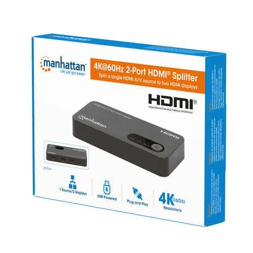 Manhattan 4K@60Hz 2-Port HDMI Splitter Splits One HDMI Input to Two HDMI Outputs (1x2), 18G, Micro-USB input for power, EDID Switch for Downscaling to 1080p, Black, 3 year warranty