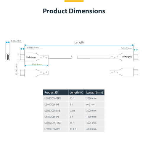StarTech.com 3ft (0.9m) USB-C Charging Cable, USB C Cable, USB 2.0 Type-C Laptop Charger Cord, 60W 3A Power Delivery, TPE Jacket, USB-C Data Transfer Cable, M/M