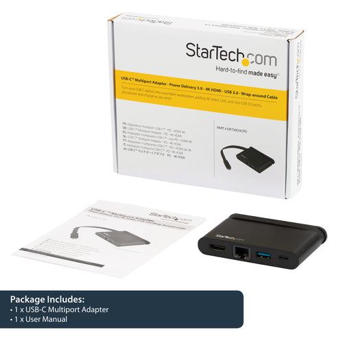 StarTech.com USB C Multiport Adapter - Portable USB-C Dock with 4K HDMI - 100W PD 3.0 Pass-Through, 1x USB-A, 1x USB-C, GbE - Thunderbolt 3 & USB Type-C Laptop Travel Dock - Mac & Windows