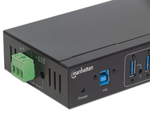 Manhattan USB-A 7-Port Hub Industrial, 7x USB-A Ports, 5 Gbps (USB 3.2 Gen1 aka USB 3.0), 20 kV ESD Protection, A/C, Bus and Terminal-Block Power Options, DIN Rail, Wall Mountable, Metal Housing, Screw-Lock Security