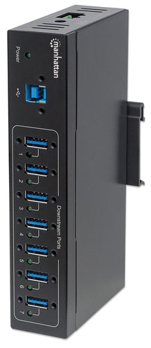 Manhattan USB-A 7-Port Hub Industrial, 7x USB-A Ports, 5 Gbps (USB 3.2 Gen1 aka USB 3.0), 20 kV ESD Protection, A/C, Bus and Terminal-Block Power Options, DIN Rail, Wall Mountable, Metal Housing, Screw-Lock Security