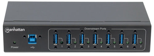 Manhattan USB-A 7-Port Hub Industrial, 7x USB-A Ports, 5 Gbps (USB 3.2 Gen1 aka USB 3.0), 20 kV ESD Protection, A/C, Bus and Terminal-Block Power Options, DIN Rail, Wall Mountable, Metal Housing, Screw-Lock Security