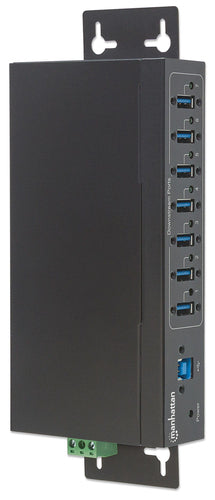 Manhattan USB-A 7-Port Hub Industrial, 7x USB-A Ports, 5 Gbps (USB 3.2 Gen1 aka USB 3.0), 20 kV ESD Protection, A/C, Bus and Terminal-Block Power Options, DIN Rail, Wall Mountable, Metal Housing, Screw-Lock Security