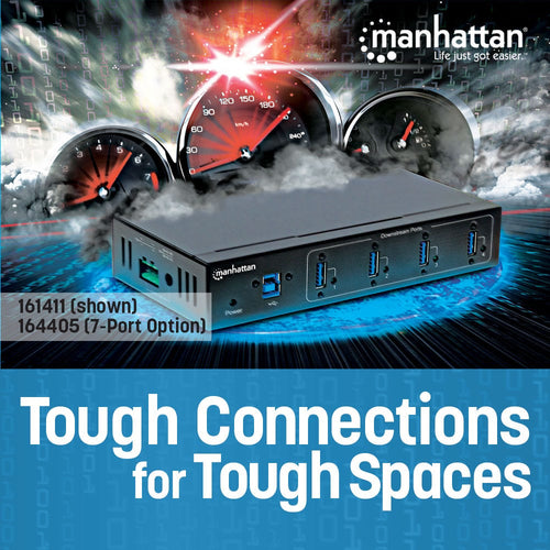 Manhattan USB-A 7-Port Hub Industrial, 7x USB-A Ports, 5 Gbps (USB 3.2 Gen1 aka USB 3.0), 20 kV ESD Protection, A/C, Bus and Terminal-Block Power Options, DIN Rail, Wall Mountable, Metal Housing, Screw-Lock Security