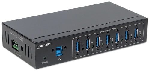 Manhattan USB-A 7-Port Hub Industrial, 7x USB-A Ports, 5 Gbps (USB 3.2 Gen1 aka USB 3.0), 20 kV ESD Protection, A/C, Bus and Terminal-Block Power Options, DIN Rail, Wall Mountable, Metal Housing, Screw-Lock Security