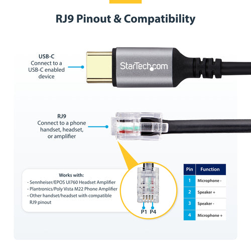 StarTech.com UR9-HEADSET-ADAPTER cable gender changer USB-C RJ-9 Black
