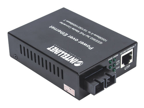 Intellinet Gigabit PoE+ Media Converter, 1000Base-T RJ45 Port to 1000Base-LX (SC) Single-Mode, 20 km (12.4 mi.), PoE+ Injector