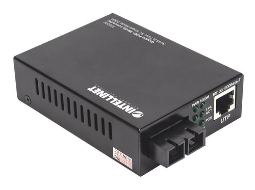 Intellinet Gigabit PoE+ Media Converter, 1000Base-T RJ45 Port to 1000Base-LX (SC) Single-Mode, 20 km (12.4 mi.), PoE+ Injector