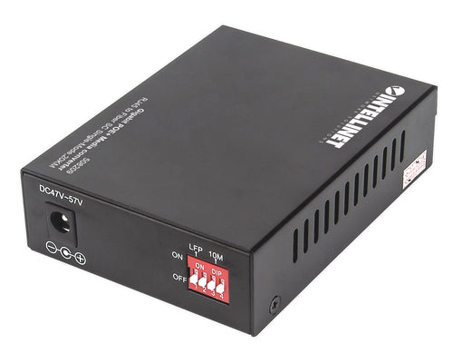 Intellinet Gigabit PoE+ Media Converter, 1000Base-T RJ45 Port to 1000Base-LX (SC) Single-Mode, 20 km (12.4 mi.), PoE+ Injector