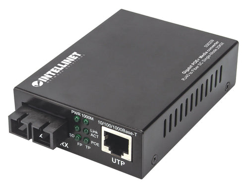 Intellinet Gigabit PoE+ Media Converter, 1000Base-T RJ45 Port to 1000Base-LX (SC) Single-Mode, 20 km (12.4 mi.), PoE+ Injector