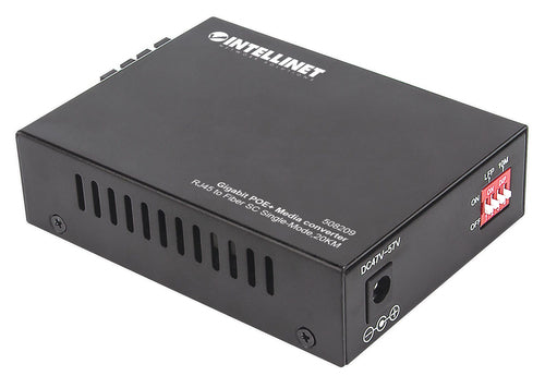 Intellinet Gigabit PoE+ Media Converter, 1000Base-T RJ45 Port to 1000Base-LX (SC) Single-Mode, 20 km (12.4 mi.), PoE+ Injector