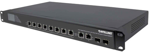 Intellinet 8-Port Gigabit Ethernet Ultra PoE Switch with 4 Uplink Ports and LCD Screen, 8 x PoE ports, IEEE 802.3bt Power over Ethernet (Ultra PoE), 2 x RJ45 Uplink, 2 x SFP Uplink, 380 W, Endspan, 19" Rackmount (Euro 2-pin plug)