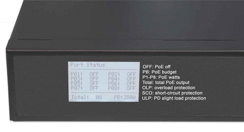 Intellinet 8-Port Gigabit Ethernet Ultra PoE Switch with 4 Uplink Ports and LCD Screen, 8 x PoE ports, IEEE 802.3bt Power over Ethernet (Ultra PoE), 2 x RJ45 Uplink, 2 x SFP Uplink, 380 W, Endspan, 19" Rackmount (Euro 2-pin plug)