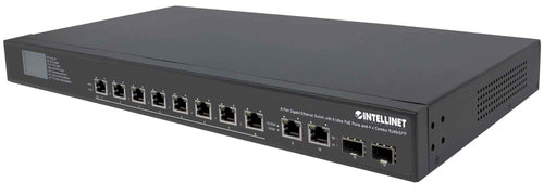 Intellinet 8-Port Gigabit Ethernet Ultra PoE Switch with 4 Uplink Ports and LCD Screen, 8 x PoE ports, IEEE 802.3bt Power over Ethernet (Ultra PoE), 2 x RJ45 Uplink, 2 x SFP Uplink, 380 W, Endspan, 19" Rackmount (Euro 2-pin plug)
