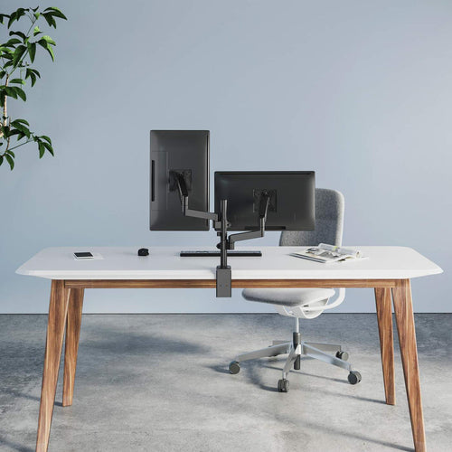 Manhattan Dual Desk Mount for TV & Monitors (Full Motion Gas Spring), For screens 10" to 27", Clamp or Grommet Assembly, VESA compatibility: 75x75 and 100x100mm - check the dimensions of the four mounting holes on back of screen to ensure it fits, Max