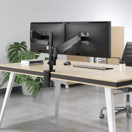 Manhattan Dual Desk Mount for TV & Monitors (Full Motion Gas Spring), For screens 10" to 27", Clamp or Grommet Assembly, VESA compatibility: 75x75 and 100x100mm - check the dimensions of the four mounting holes on back of screen to ensure it fits, Max