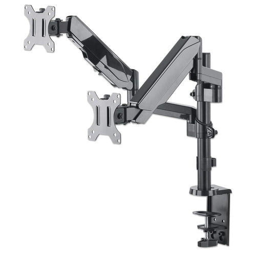 Manhattan Dual Desk Mount for TV & Monitors (Full Motion Gas Spring), For screens 10" to 27", Clamp or Grommet Assembly, VESA compatibility: 75x75 and 100x100mm - check the dimensions of the four mounting holes on back of screen to ensure it fits, Max