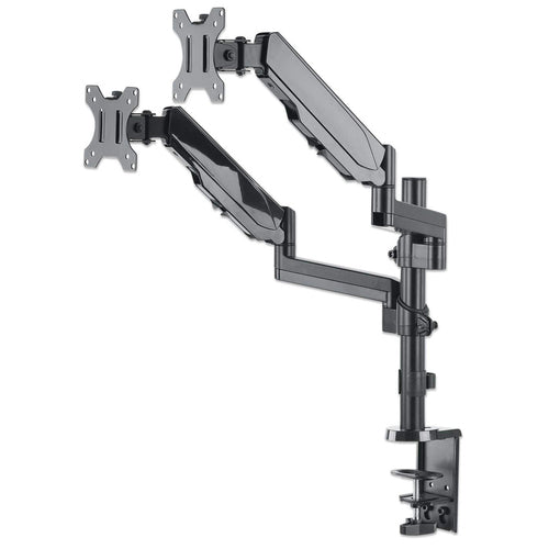 Manhattan Dual Desk Mount for TV & Monitors (Full Motion Gas Spring), For screens 10" to 27", Clamp or Grommet Assembly, VESA compatibility: 75x75 and 100x100mm - check the dimensions of the four mounting holes on back of screen to ensure it fits, Max