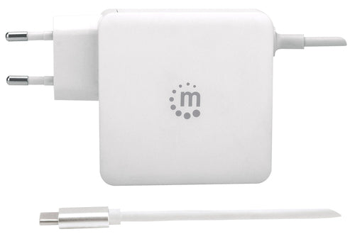 Manhattan Wall/Power Mobile Device Charger (Euro 2-pin), USB-C and USB-A ports, USB-C Output: 60W / 3A, USB-A Output: 2.4A, USB-C 1m Cable Built In, White, Phone Charger, Three Year Warranty, Box