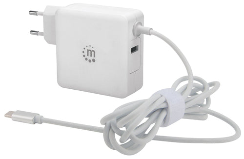 Manhattan Wall/Power Mobile Device Charger (Euro 2-pin), USB-C and USB-A ports, USB-C Output: 60W / 3A, USB-A Output: 2.4A, USB-C 1m Cable Built In, White, Phone Charger, Three Year Warranty, Box