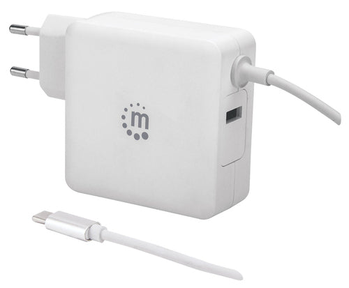 Manhattan Wall/Power Mobile Device Charger (Euro 2-pin), USB-C and USB-A ports, USB-C Output: 60W / 3A, USB-A Output: 2.4A, USB-C 1m Cable Built In, White, Phone Charger, Three Year Warranty, Box