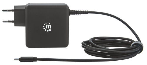 Manhattan Wall/Power Mobile Device Charger (Euro 2-pin), USB-C and USB-A ports, USB-C Output: 60W / 3A, USB-A Output: 2.4A, USB-C 1m Cable Built In, Black, Phone Charger, Three Year Warranty, Box