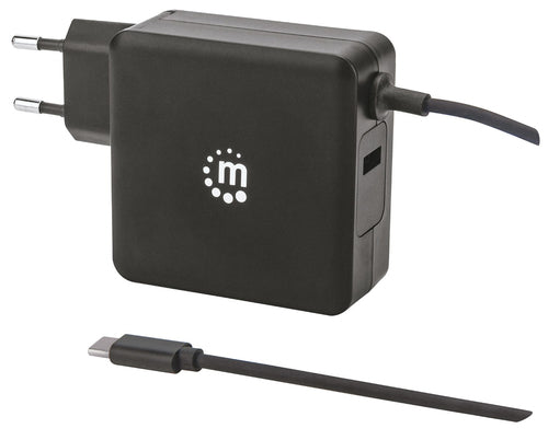 Manhattan Wall/Power Mobile Device Charger (Euro 2-pin), USB-C and USB-A ports, USB-C Output: 60W / 3A, USB-A Output: 2.4A, USB-C 1m Cable Built In, Black, Phone Charger, Three Year Warranty, Box
