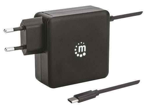 Manhattan Wall/Power Mobile Device Charger (Euro 2-pin), USB-C and USB-A ports, USB-C Output: 60W / 3A, USB-A Output: 2.4A, USB-C 1m Cable Built In, Black, Phone Charger, Three Year Warranty, Box