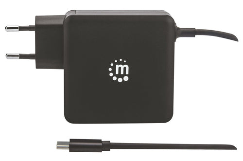 Manhattan Wall/Power Mobile Device Charger (Euro 2-pin), USB-C and USB-A ports, USB-C Output: 60W / 3A, USB-A Output: 2.4A, USB-C 1m Cable Built In, Black, Phone Charger, Three Year Warranty, Box