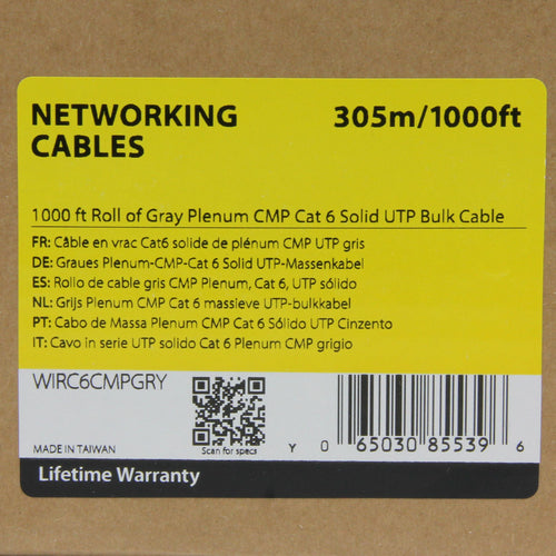 StarTech.com Bulk Cat 6 Ethernet Cable - 1000 ft. - Solid - CMP/FT6 Plenum Fire Rating - ETL Verified - Gray - TAA Compliant